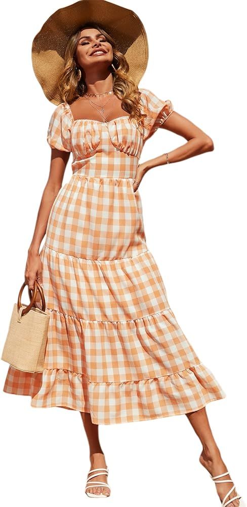 MakeMeChic Women's Plaid Puff Sleeve Tie Open Back Ruffle Hem A Line Swing Maxi Dress | Amazon (US)