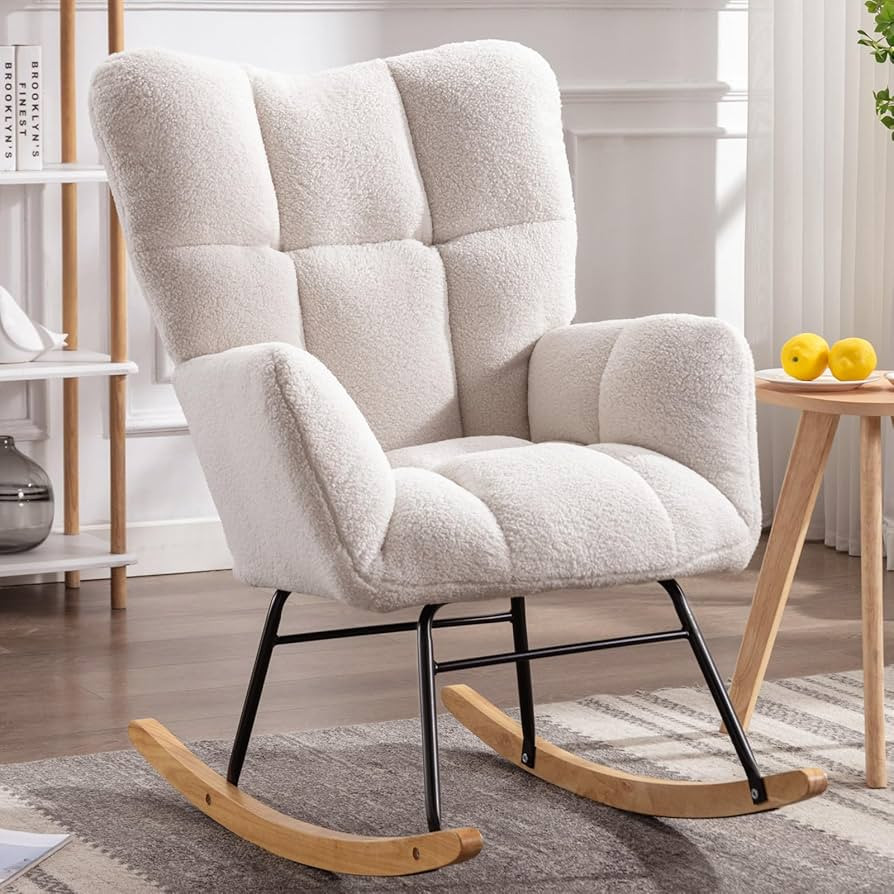 Rocking Chair Nursery Teddy Upholstered Glider Rocker High Backrest Nursery Rocker Comfortable St... | Amazon (US)