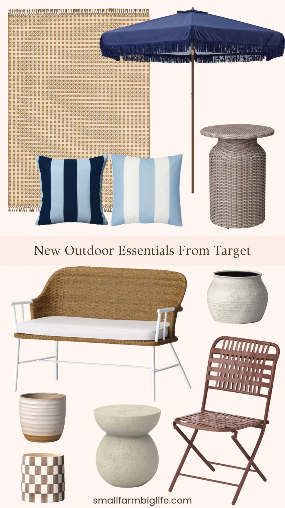 Getting the outdoor space ready for spring and summer and Target has everything you need right now 🌿✨ I rounded up my favorite new outdoor finds: white split glaze ceramic planter pots, a cream sun bleached composite indoor outdoor planter, a brown Lenwood steel outdoor garden bench, a cream modern ceramic round patio end table, a brown open weave folding chair, a tan all-weather wicker round bistro table, a navy blue round fringe valance patio umbrella, a tan 7x10 cane rectangular woven outdoor area rug, and the prettiest light blue and navy reversible cabana stripe throw pillows. This is such a beautiful collection of outdoor pieces and everything works together so well for creating a cozy and stylish patio or garden space this season. Whether you are starting from scratch or just refreshing your outdoor area for spring Target is delivering on style and price right now. Everything is linked! 🛒 

 #LTKSeasonal #LTKHome
