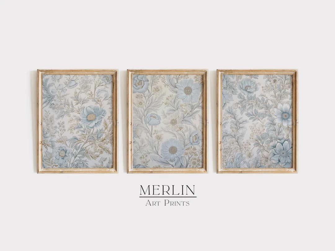 Neutral Blue Wall Art Gallery Set of 3 Prints Floral Textile Printable Digital Download Large Flo... | Etsy (US)