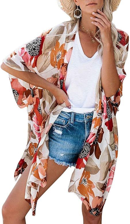 Women Floral Kimono Cardigan - Casual Chiffon Kimonos Tops Boho Loose Blouse Open Front Swinsuit ... | Amazon (US)