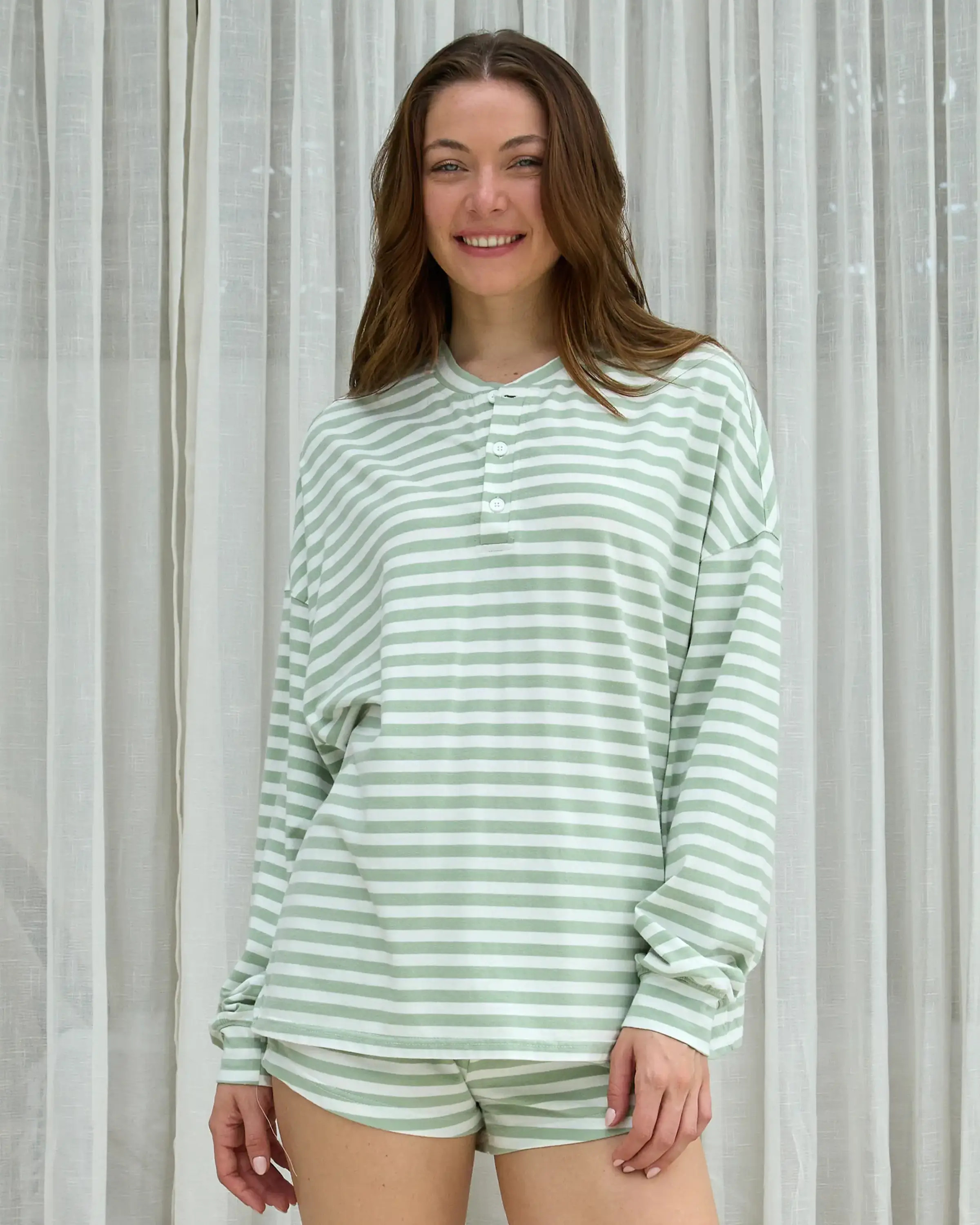 Long Sleeve Striped Henley in Palm Stripe | Eleven Eleven