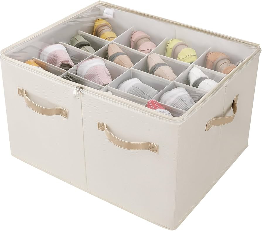 Shoe Organizer for Closet, Foldable Shoe Box with Adjustable Dividers and Clear Cover, Space Savi... | Amazon (US)