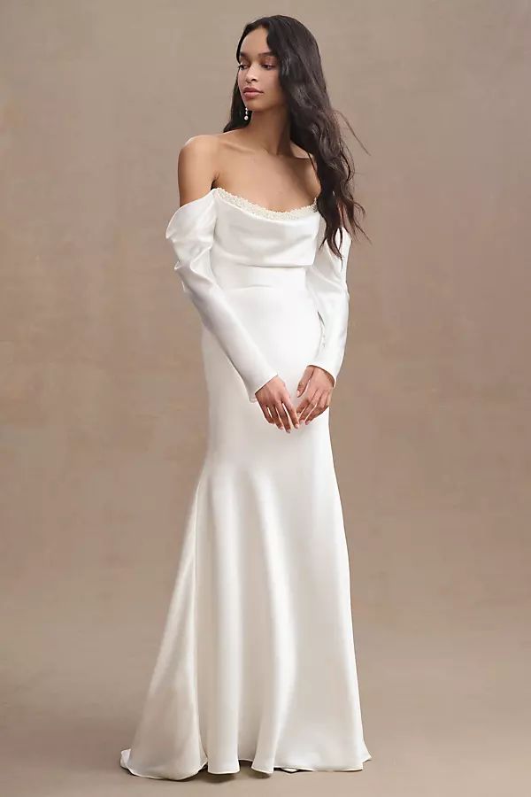 Watters Garance Off-Shoulder Satin Sheath Wedding Gown By Watters in White Size 0 | Anthropologie (US)