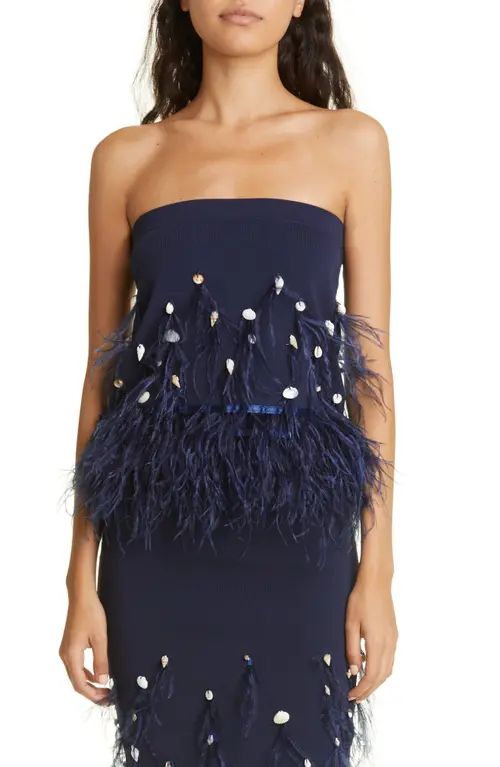 STAUD Kristen Ostrich Feather & Shell Strapless Top in Navy at Nordstrom, Size X-Large | Nordstrom