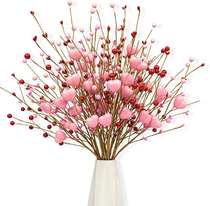 J'FLORU Valentine's Day Gifts Valentines Day Decorations 24 Pack Pink Heart Shaped Berry Picks wi... | Amazon (US)