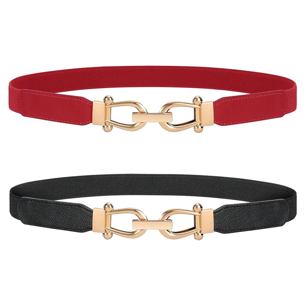 JASGOOD Women Stretchy Waist Belt Retro Elastic Skinny Belt for Ladies with Gold Buckle | Amazon (US)