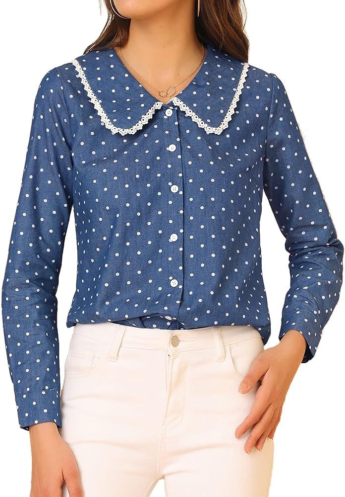 Allegra K Women's Polka Dots Button Up Blouse Crochet Trim Peter Pan Collar Chambray Shirt | Amazon (US)