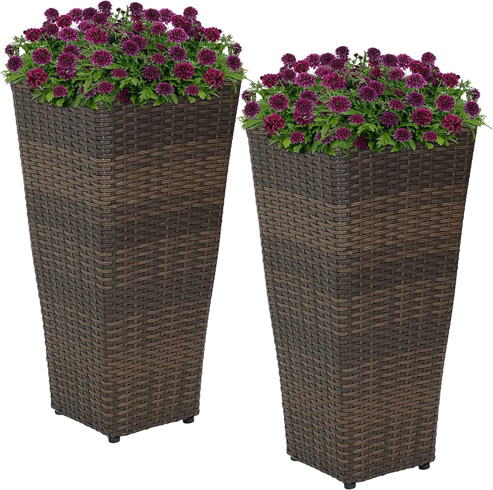 Sunnydaze Tall Square Polyrattan Indoor/Outdoor Planter - 24-Inches Tall - Set of 2 - Brown | Amazon (US)