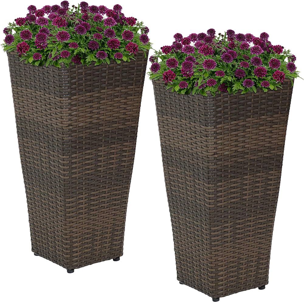 Sunnydaze Tall Square Polyrattan Indoor/Outdoor Planter - 24-Inches Tall - Set of 2 - Brown | Amazon (US)