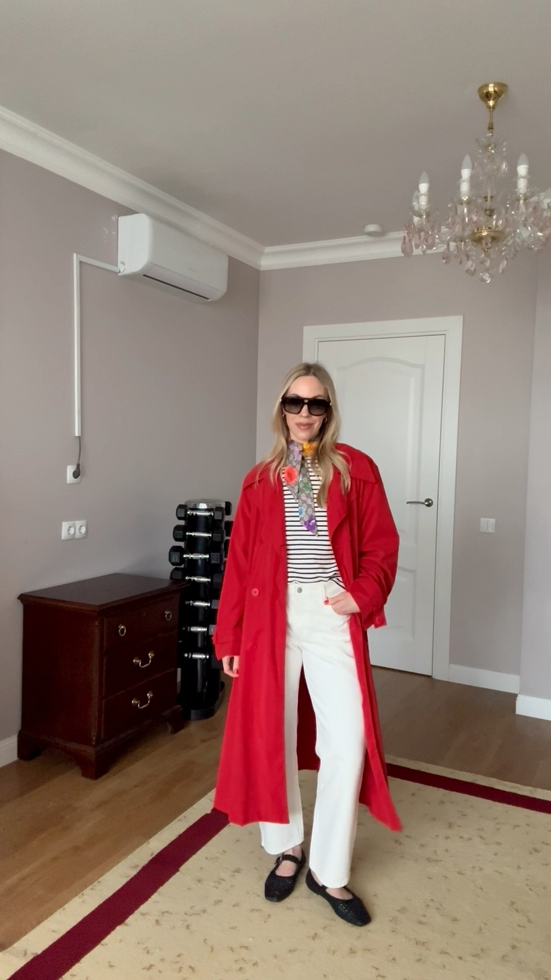 Spring outfit, red trench coat, striped top, floral print scarf, white jeans, style over 40

#LTKootd #LTKSeasonal #LTKOver40
