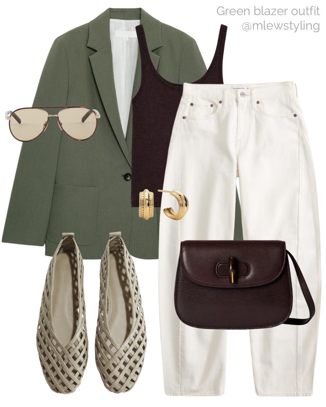 Spring outfit with a green blazer and white barrel leg jeans 🤍

Tags: Abercrombie denim, Zara blazer, brown tank top, woven ballet flats, Prada aviator sunglasses glasses, Gucci bag, neutral aesthetic, casual workwear, office outfit 

#LTKootd #LTKWorkwear #LTKSeasonal