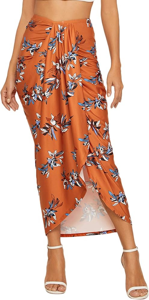 SheIn Women's Casual Slit Wrap Asymmetrical Elastic High Waist Maxi Draped Skirt | Amazon (US)