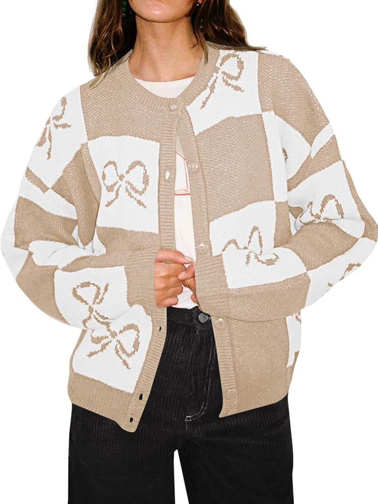 Saodimallsu Womens Checkered Sweater Bow Color Block Plaid Cardigan Long Sleeve Button Open Front... | Amazon (US)