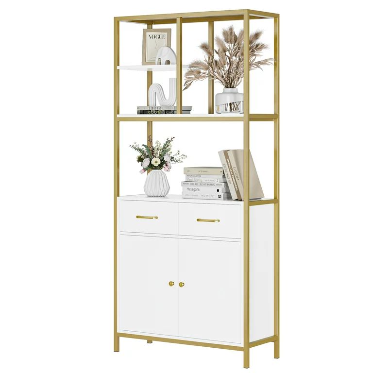 Homfa 4-Tier Bookshelf with 2 Drawers, Metal Framed Bookcase with Display Shelves, White and Gold | Walmart (US)