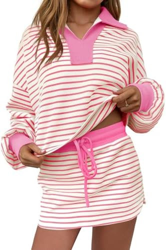 Fisoew Womens Striped 2 Piece Outfits Casual Sweatshirt Skirt Set Long Sleeve Skort Workout Set M... | Amazon (US)