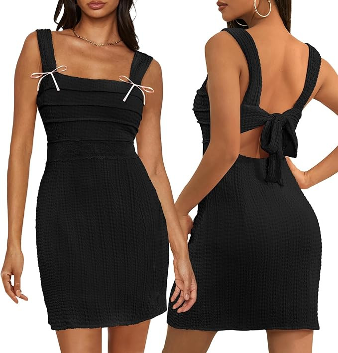 MEROKEETY Women's Summer Sleeveless Mini Dresses Square Neck Tie Strap Elegant Cute Cocktail Part... | Amazon (US)