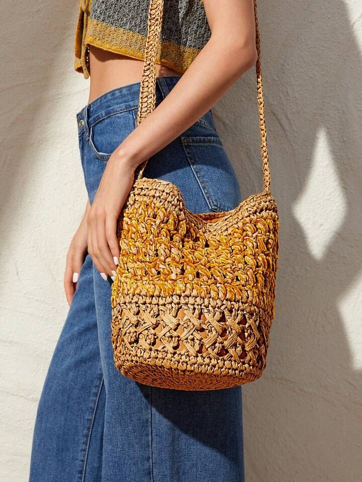 SHEIN VCAY Ladies' Hollow Out Design Woven Straw Bag Fashion Shoulder Bag For Vacation | SHEIN