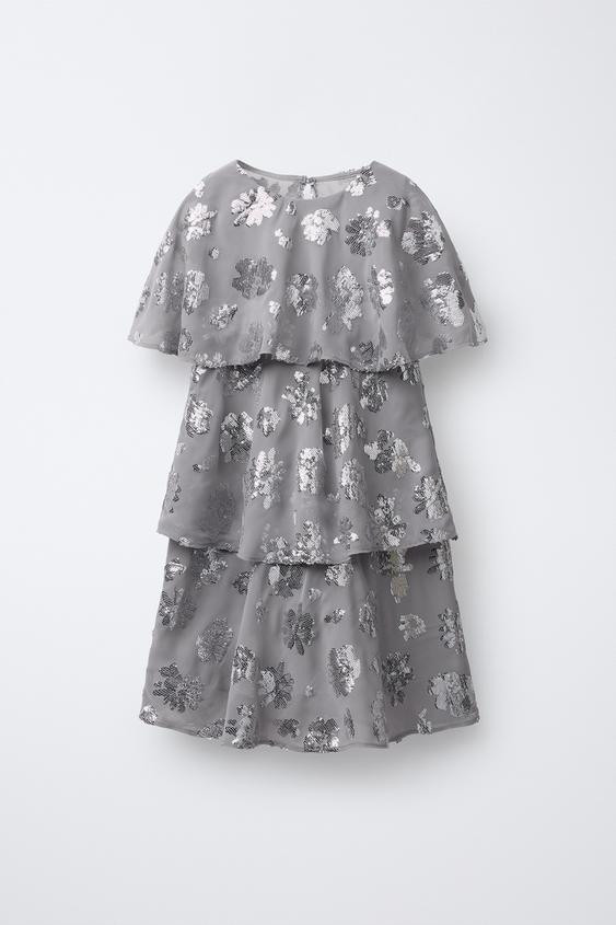 RUFFLED SEQUIN FLORAL DRESS | Zara US