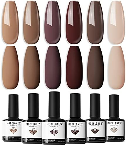 Modelones Gel Nail Polish - 6 Colors Skin Tone Brown Nude Gel Polish Brown Neutral Nail Polish Be... | Amazon (US)