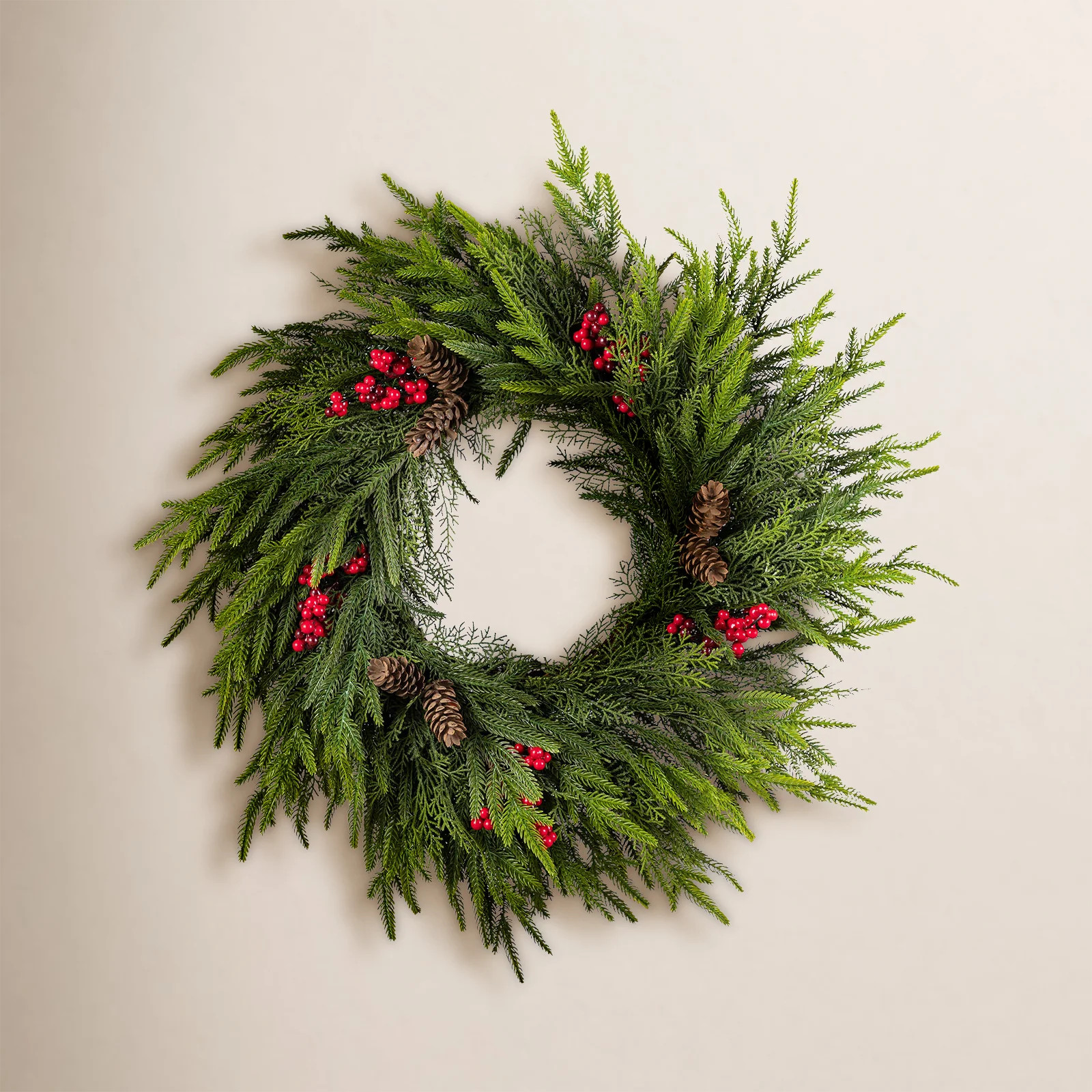 24"D Christmas PE Dripping Wreath With Pinecones And Red Berries | Joss & Main