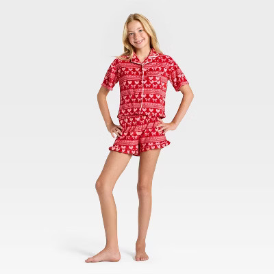 Girls' 2pc Holiday Short Sleeve Button-Down Pajama Set - art class™ Red S | Target