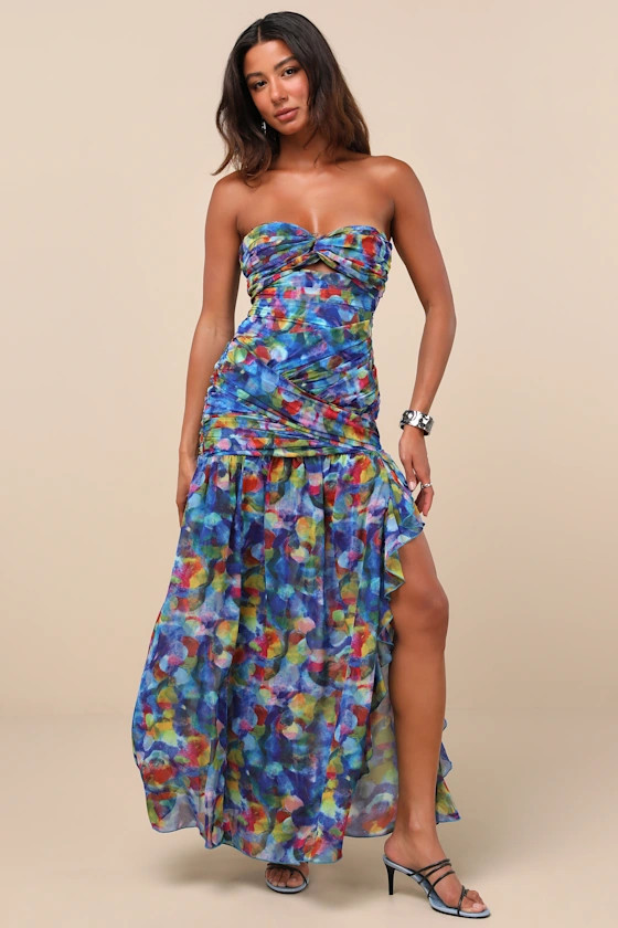 Jeniah Blue Multi Abstract Print Drop Waist Maxi Dress | Lulus