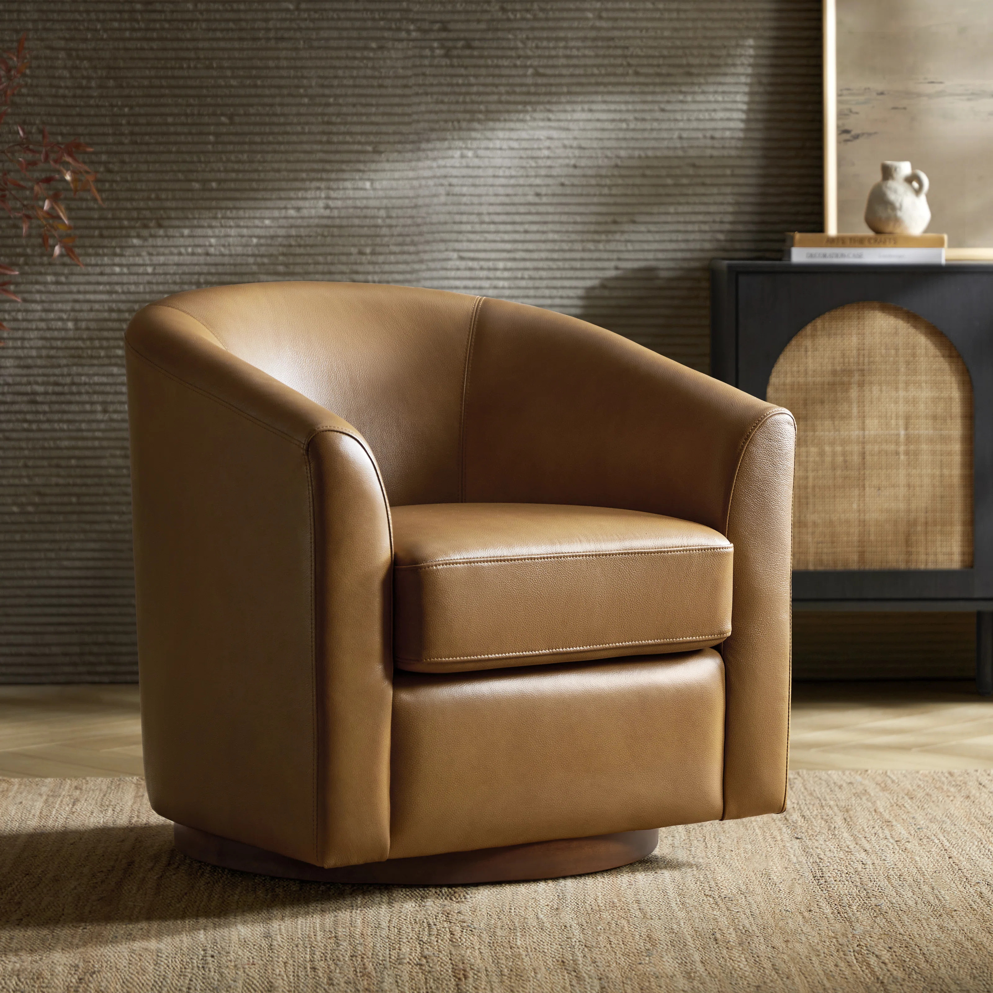 Amiir 30.5'' Wide Genuine Leather Swivel Barrel Chair with Solid Wood Base | Wayfair North America