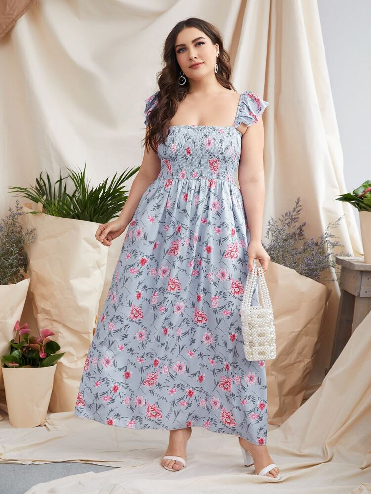 Plus Floral Shirred Ruffle Trim Cami Dress | SHEIN