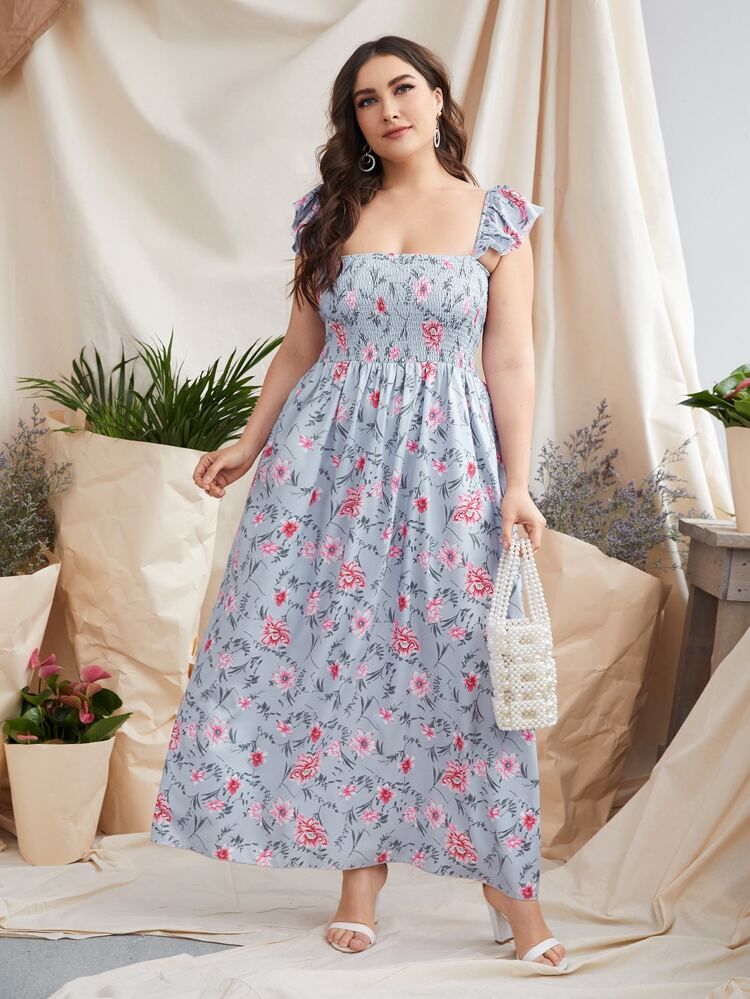 Plus Floral Shirred Ruffle Trim Cami Dress | SHEIN