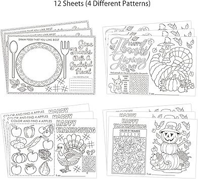 FLYAB Thanksgiving Placemats for Kids 12 Sheets Thanksgiving Coloring Placemats Fall Thanksgiving... | Amazon (US)