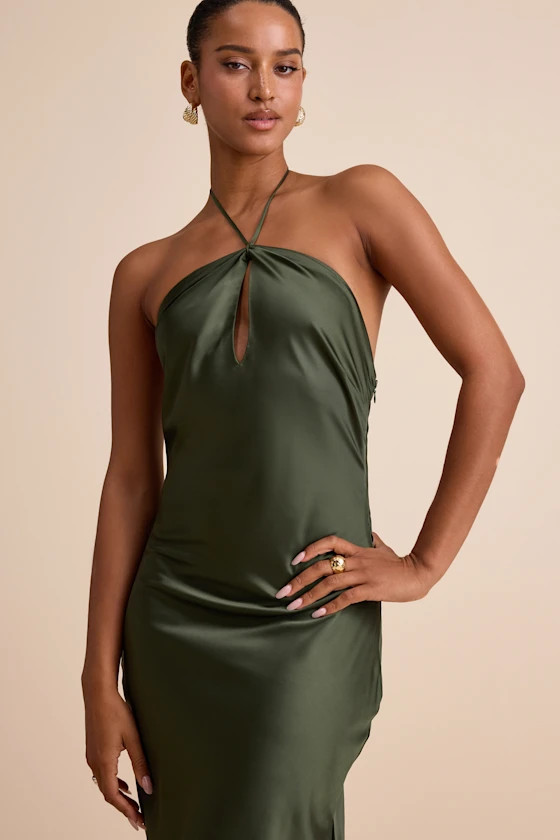 Gracie Olive Green Satin Halter Neck Maxi Dress | Lulus