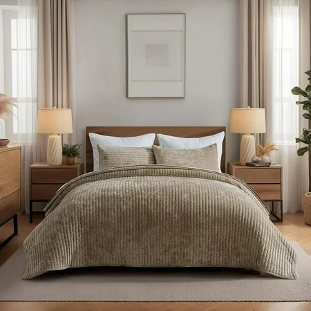 EVERGRACE Velvet Quilt Set Queen Size, Luxurious Soft Striped Channel Bedding Set, Lightweight Velvet Comforter for All Season, Oversized Bedspread Coverlet with 2 Matching Shams, Sand Dune | Walmart (US)