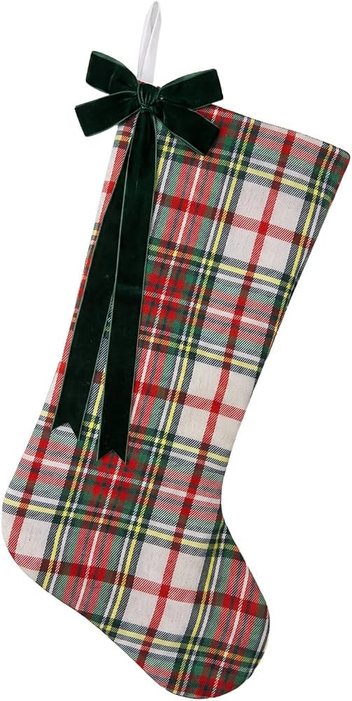 Large Christmas Stockings, 19" Vintage Green Plaid Christmas Stocking Fireplace Hanging Xmas Stoc... | Amazon (US)