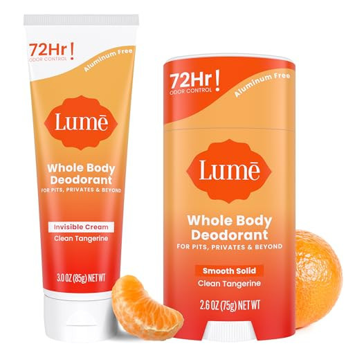 Lume Whole Body Deodorant - Invisible Cream Tube and Solid Stick - 72 Hour Odor Control - Aluminum Free, Baking Soda Free, Skin Safe - 3.0 Ounce Tube and 2.6 Ounce Solid Stick Bundle (Clean Tangerine) | Amazon (US)
