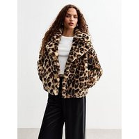 New Look Leopard Faux Fur Crop Jacket - Brown, Print, Size 12, Women | Very (UK)