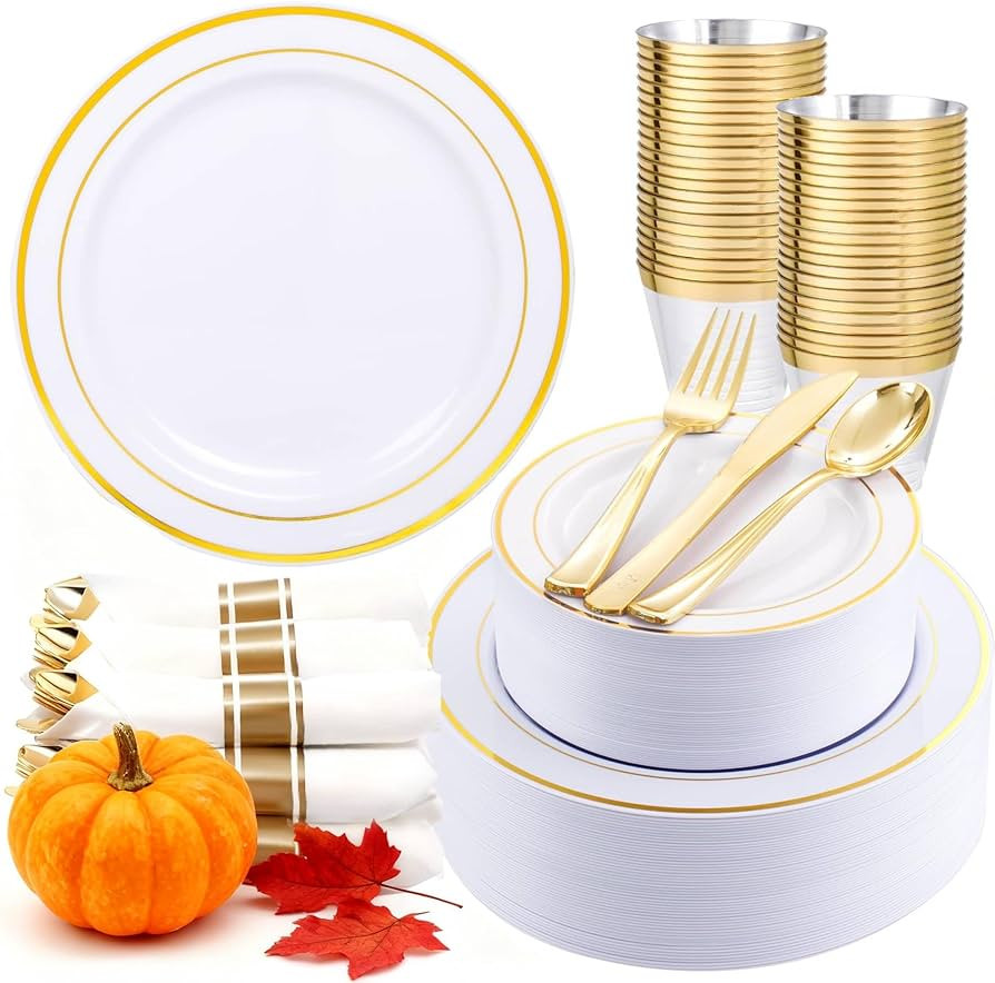 350Piece Gold Dinnerware Set for 50 Guests - Gold Plastic Plates with Disposable Cutlery Include:... | Amazon (US)