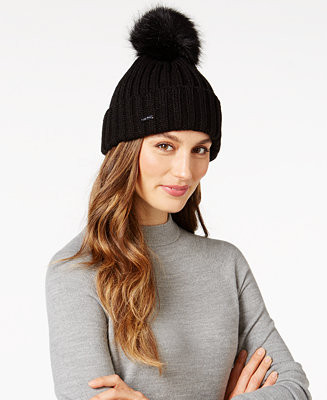 Calvin Klein Ribbed Faux-Fur Pom Pom Beanie | Macys (US)