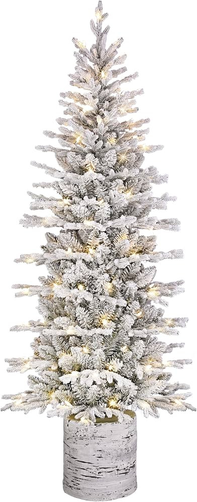 Puleo International 7.5ft Pre-Lit Potted Flocked Arctic Fir Pencil Christmas Tree with 230 Warm W... | Amazon (US)