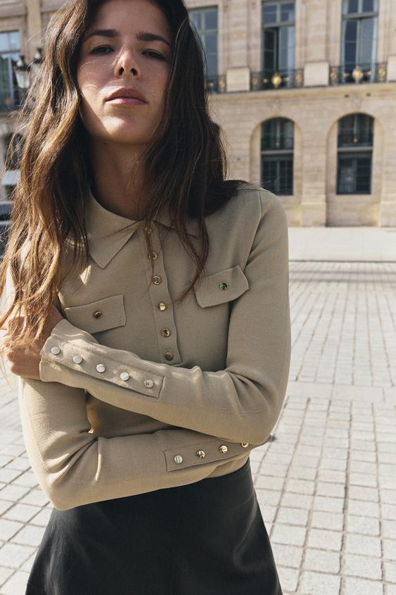 Zara - Knit Polo With Plackets - Taupe Brown - S - Woman | Zara US