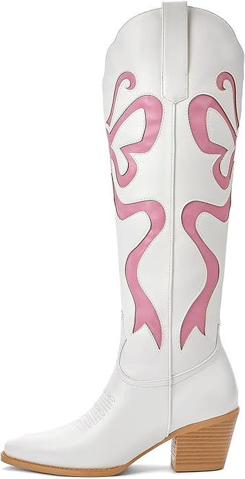 Women's Cowboy Boots With Colorful Bows Embroidered White Knee-High Boots Fashion Almond Toe Chun... | Amazon (US)