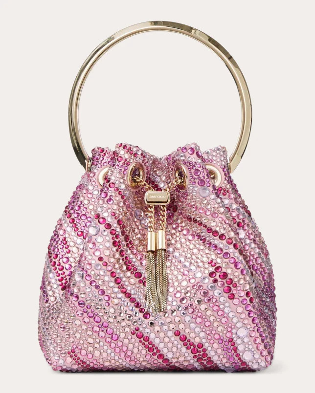 Jimmy Choo Women's Bon Bon Crystal-Embellished Satin Bucket Bag in Pink Mix Viscose/Silk | Olivela