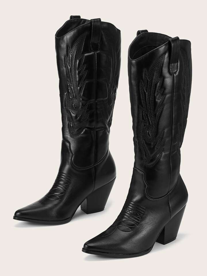 SHEIN Mujer Botas cowboy negro con diseño de puntada de punta con tacón grueso | SHEIN