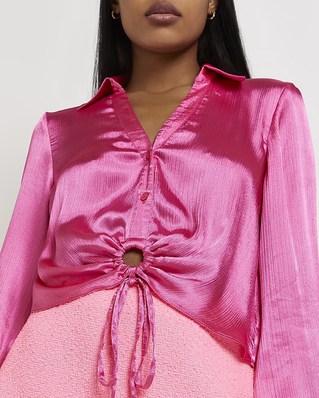 Pink satin tie front blouse | River Island (UK & IE)