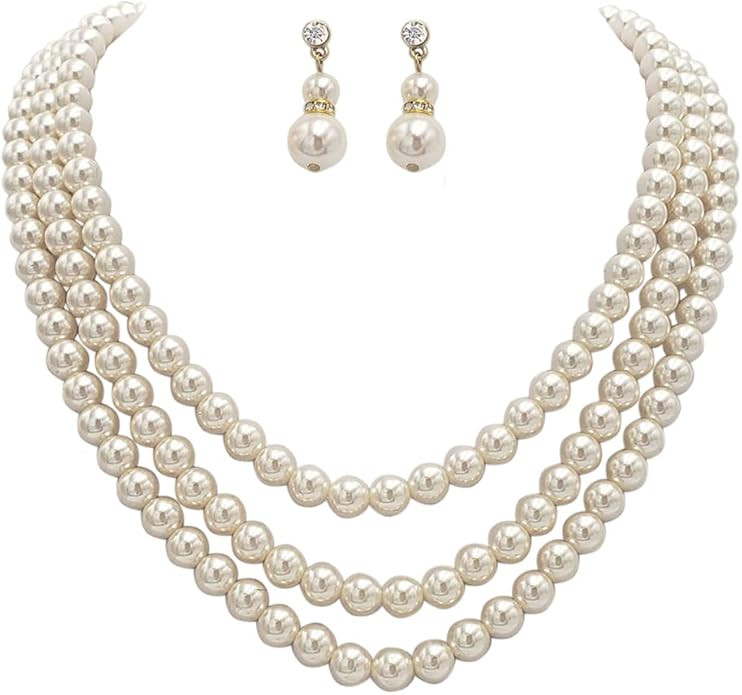 Rosemarie Collections Multi Strand Classic Faux Pearl Necklace and Earring Set - Adjustable Multi... | Amazon (US)