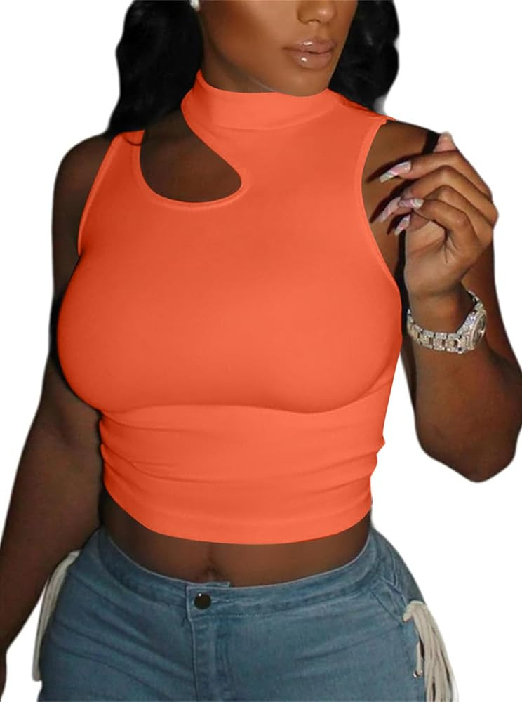 LovelyWholesale Crop Tops for Women Sexy Cut Out Tops Mock Neck Tank Top | Amazon (US)