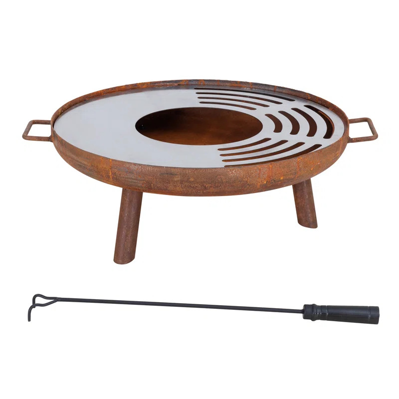 Sunjoy 28 inch Fire Pit, Outdoor Steel Wood Burning Fire Pits, Patio Rusic Firepit with Stainless... | Wayfair North America