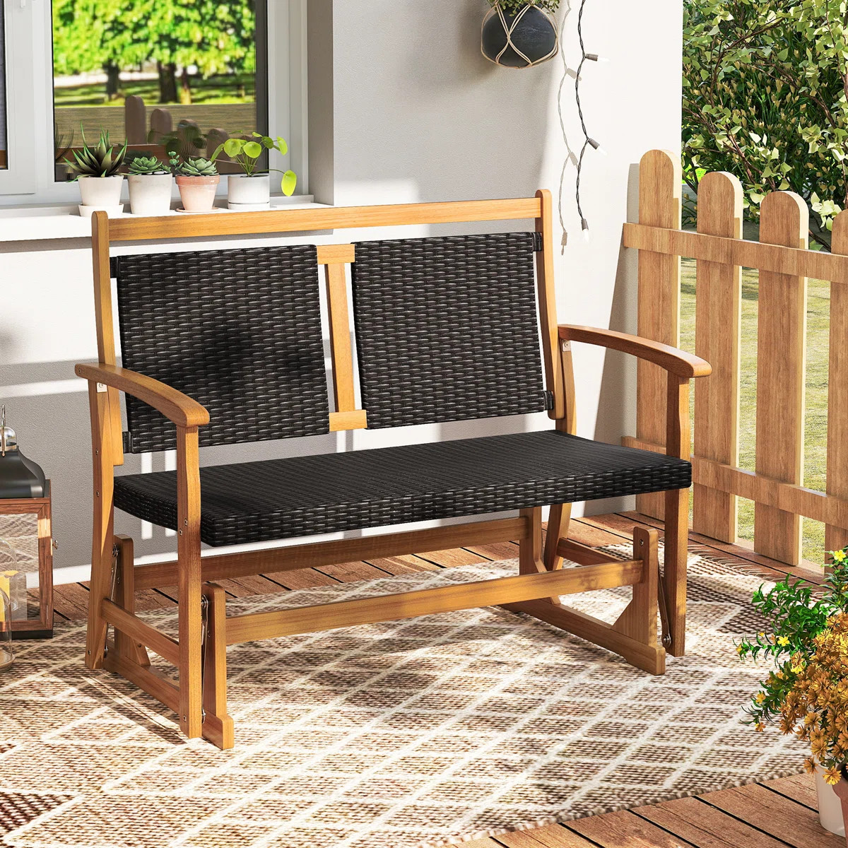 Patio Rattan Glider Bench Swing Gliding Rocker for 2 w/ Acacia Wood Frame | Wayfair North America