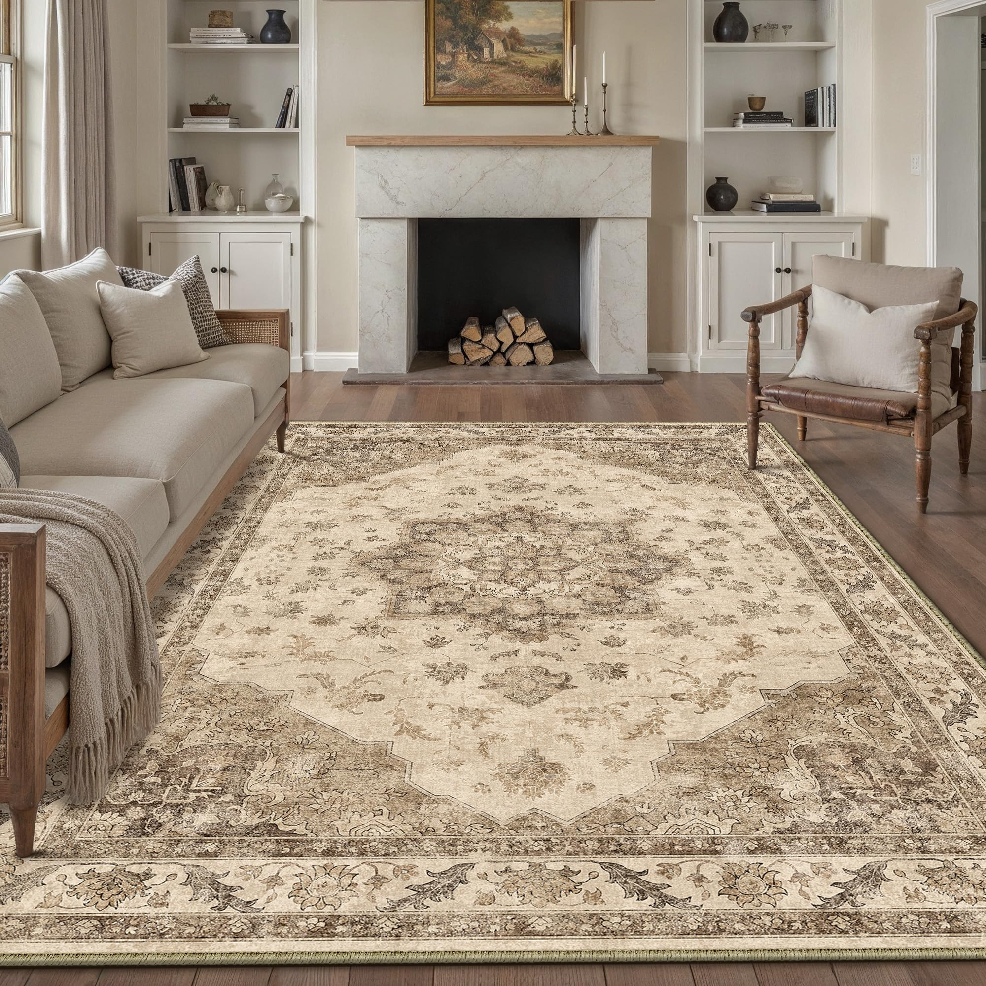 Brown Area Rug 8x10 Washable Vintage Carpet for Living Room Bedroom Large Soft Retro Low Pile Thi... | Amazon (US)