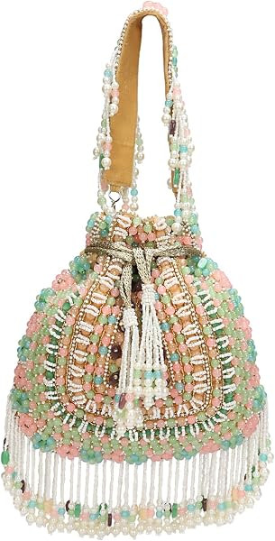 LONGING TO BUY Beaded Potli Bag for Women, Pastel Green and Pink, Drawstring Bucket Bag with Frin... | Amazon (US)